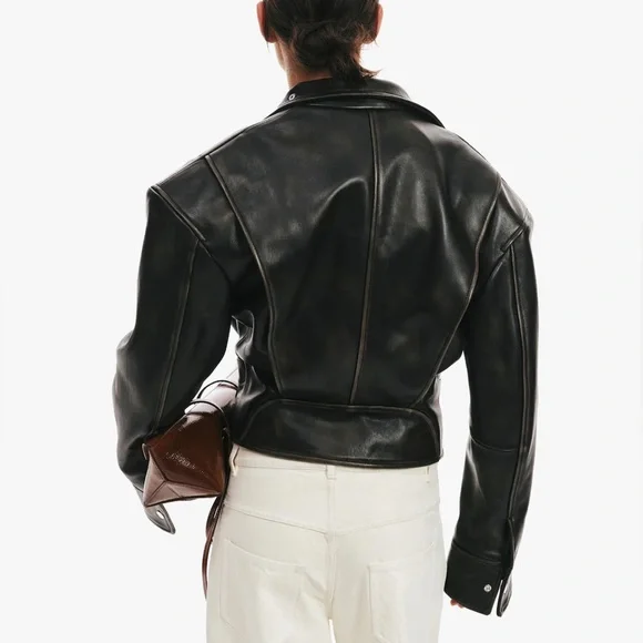 NWT Christopher Esber Eddie Burnished Leather Funnel Neck Leather Jacket Black - Picture 9 of 16